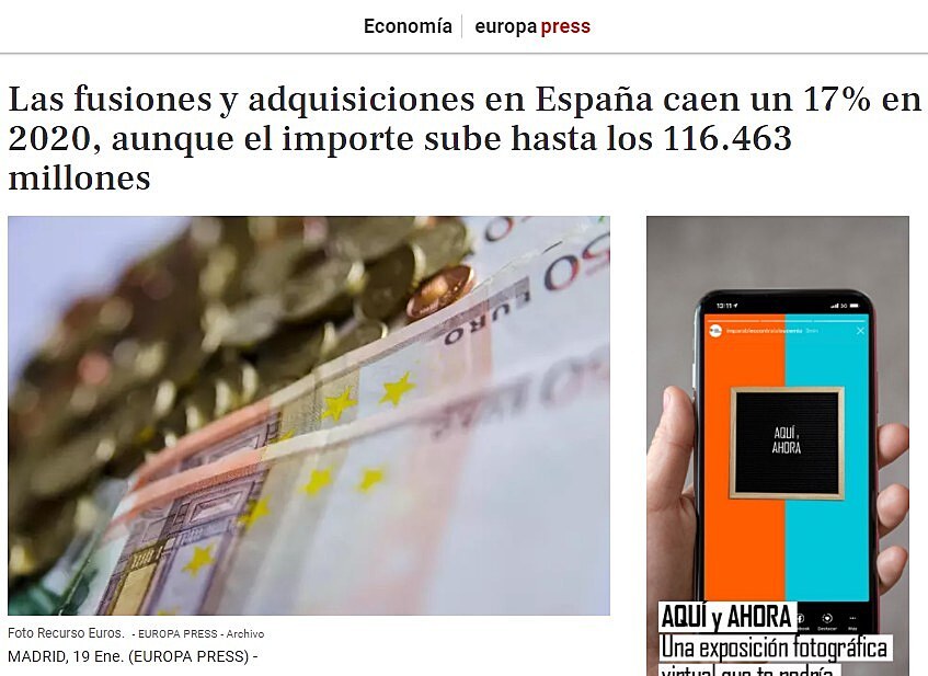 Las fusiones y adquisiciones en Espaa caen un 17% en 2020, aunque el importe sube hasta los 116.463 millones